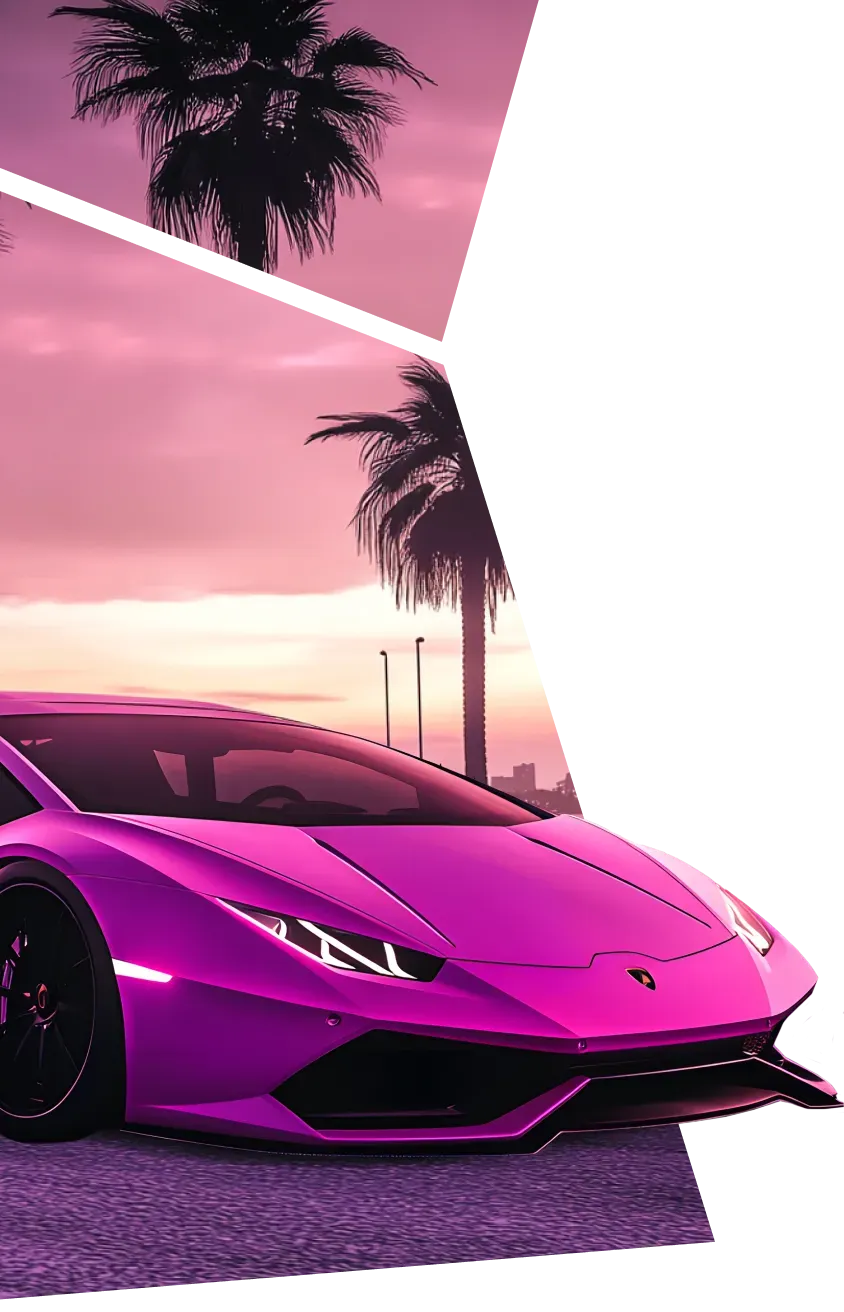 An expensive pink car with a backdrop of palm trees