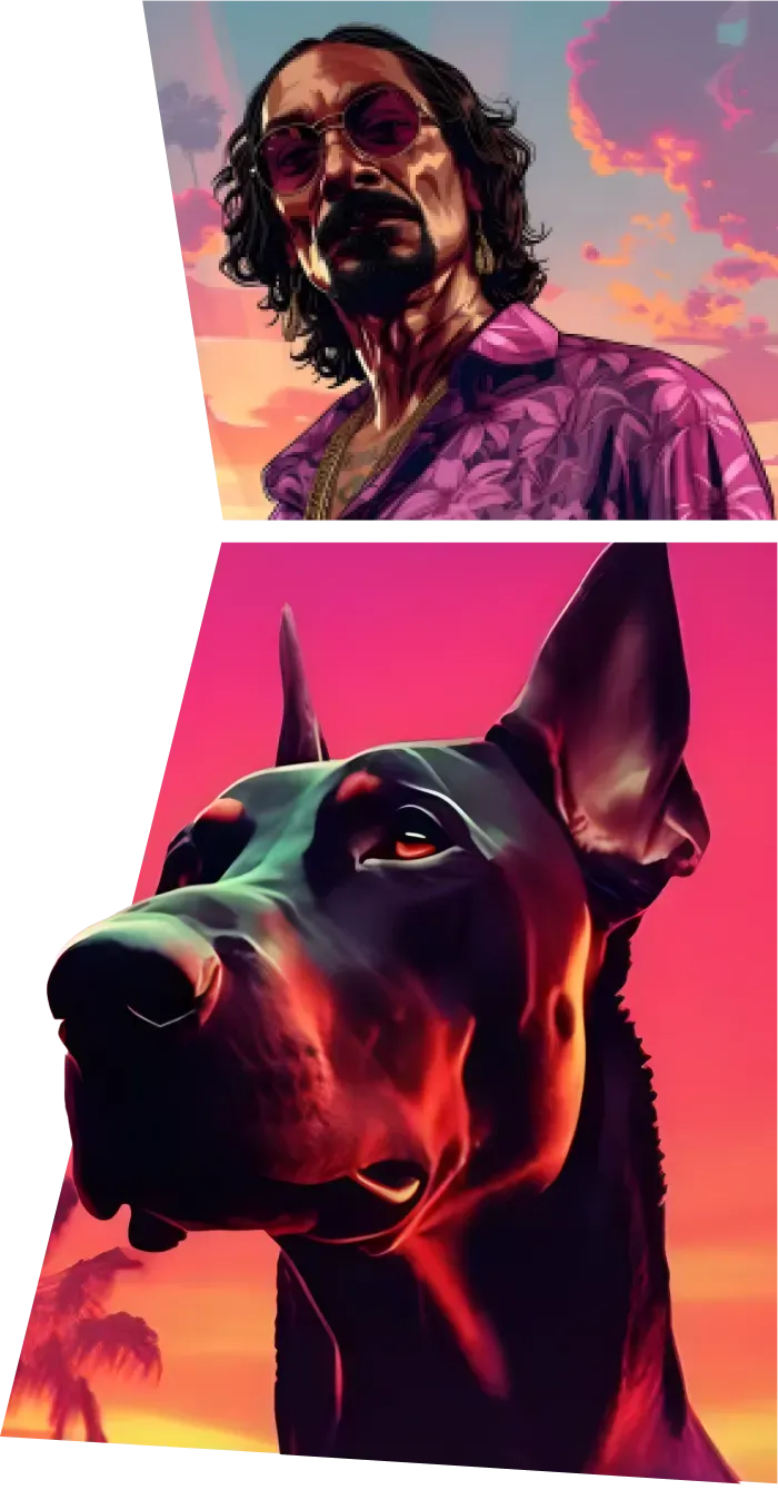 A stylized image of snoop dogg and a doberman