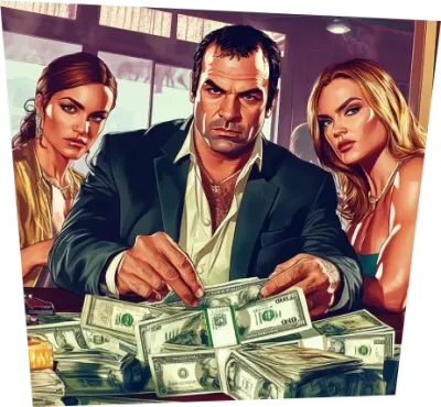 A man in a suit with a table full of money in front of him, with one girl on either side of him