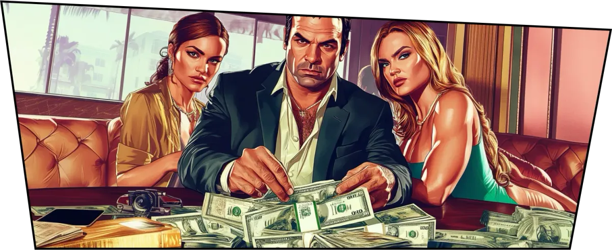 A man in a suit with a table full of money in front of him, with one girl on either side of him