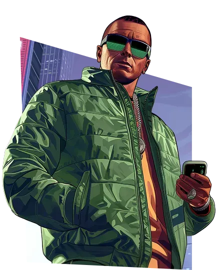 A man in a green jacket with sunglasses holding a phone