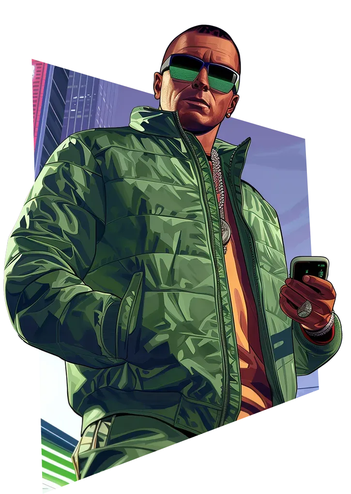 A man in a green jacket with sunglasses holding a phone