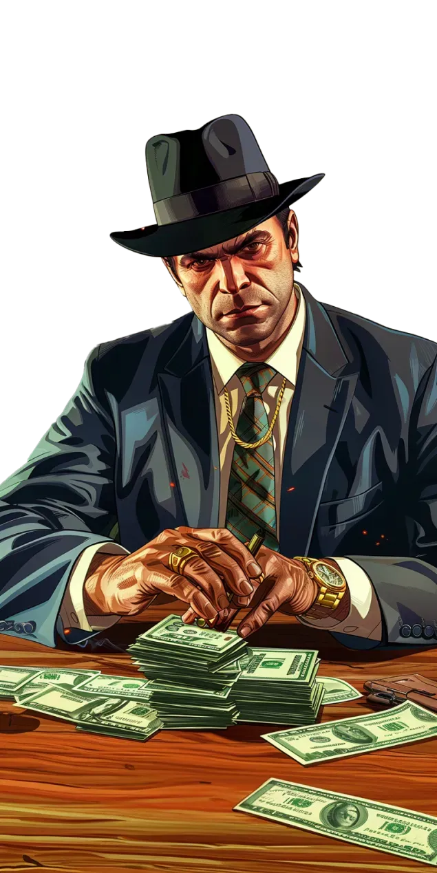 Man in a suite and hat, in front of a table of money