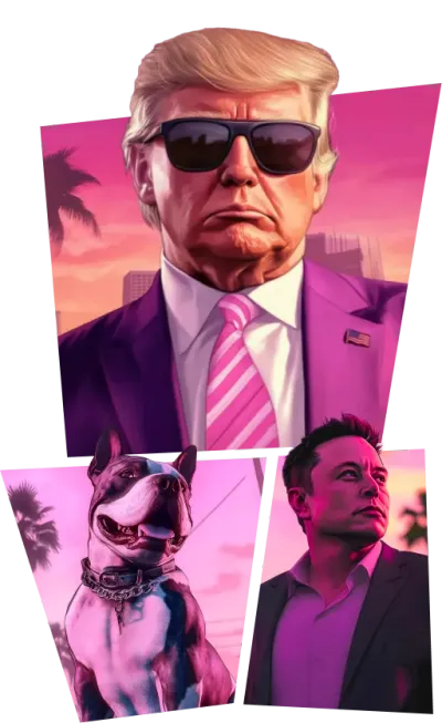 A square containing a bulldog, a square containing donald trump and a square containing elon musk